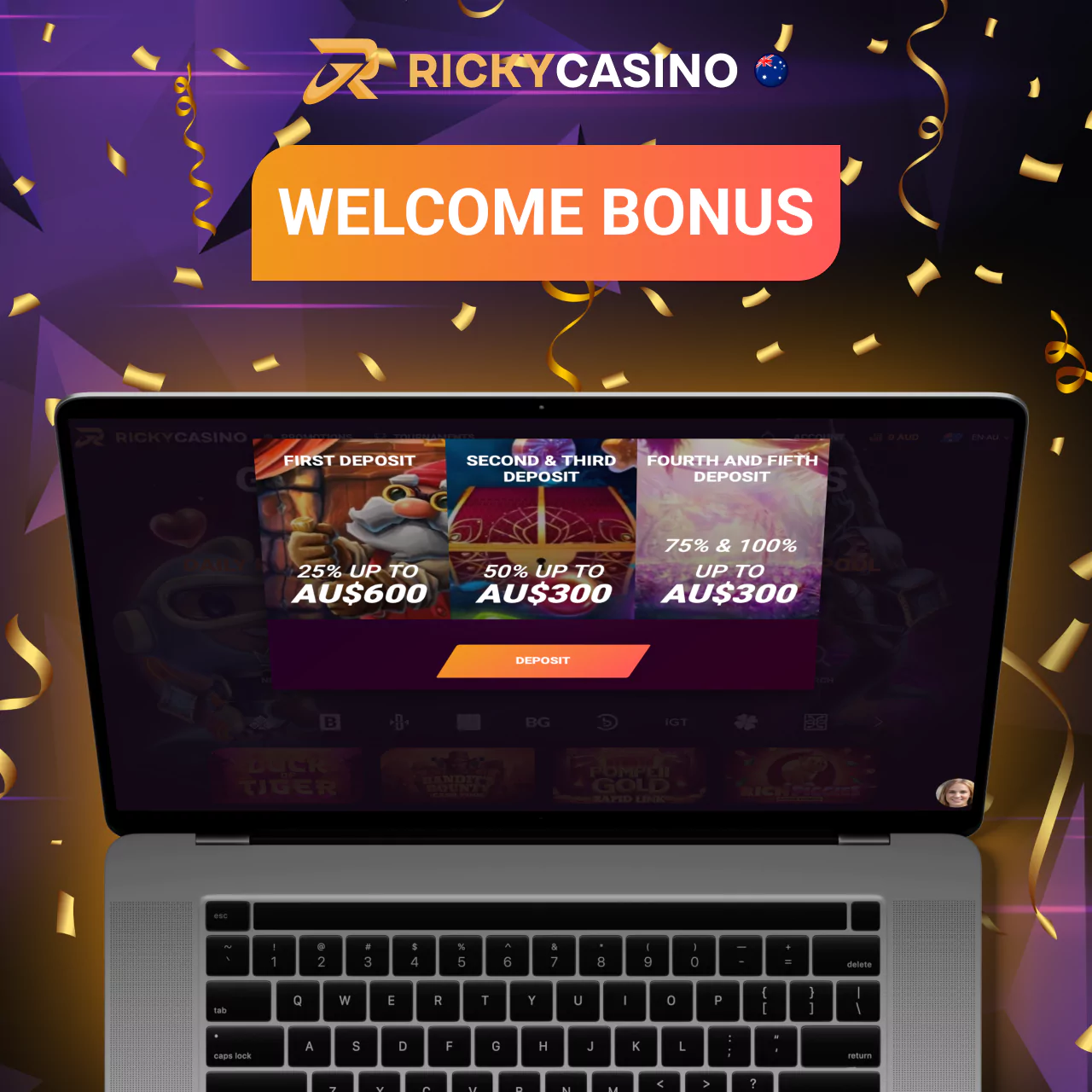 The process of receiving a welcome bonus from Ricky Casino