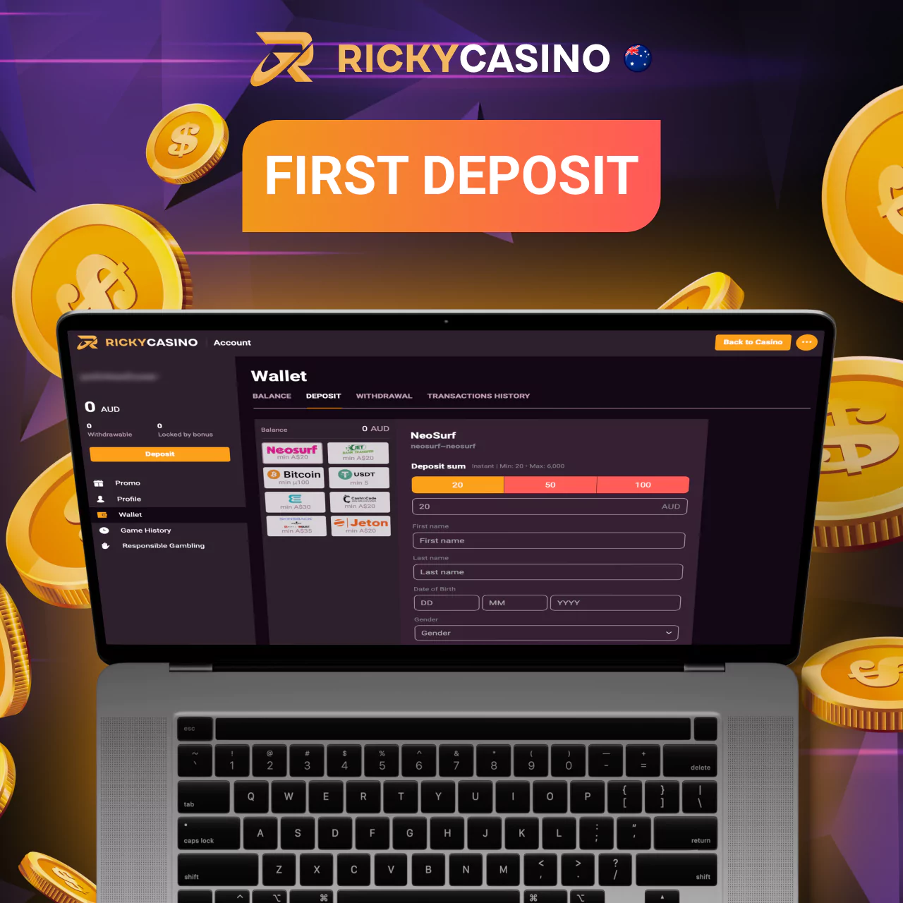 Making your first deposit to your Ricky Casino account